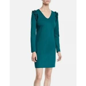 Trina Turk Teal V-Neck Ruffle Shoulder Mini Dress